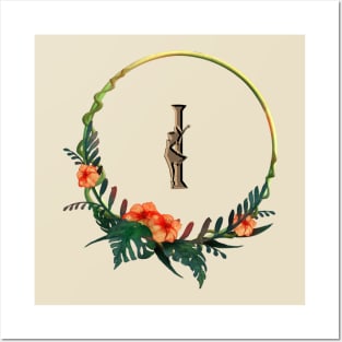 Tropical flowers on a circle frame around letter I and girl figure Posters and Art